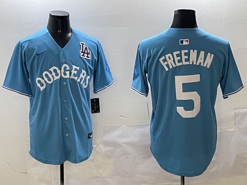 Men Los Angeles Dodgers 5 Freeman Light Blue Throwback Game 2025 Nike MLB Jersey style 19